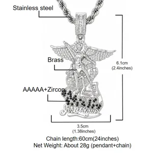 Collier pendentif ange San Miguel style hip-hop en acier inoxydable et pierres de zircon.