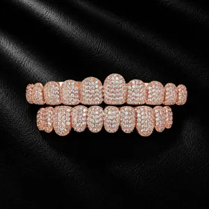 Micro-paved 8A Zirconia Rose Gold Hip-Hop Grillz detail view, perfect for party and fashion style.