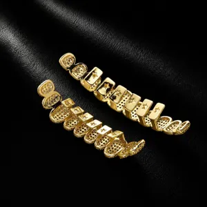 Gold Plated Micro Paved Zircon Hip Hop Grillz Set for Party and Halloween Decoration