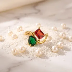 Exquisite detail view of the luxury gold-plated titanium steel ring with birthstones.