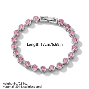 Stainless steel pink zircon bezel-set tennis bracelet, 17cm daily commute style.