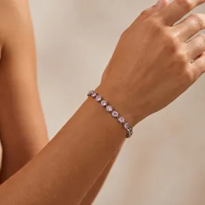 Stainless Steel Tennis Bracelet Bezel Setting Pink Rhinestone Daily Commute Charm Bracelet For Women Jewelry Gift
