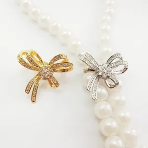 Gold silver bow rhinestone pearl necklace clasp double row DIY jewelry accessory component