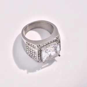 Men stainless steel square cubic zirconia ring luxury iced out crystal signet ring jewelry