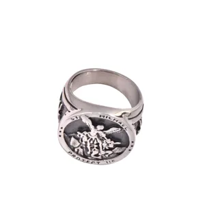 Stainless Steel St. Michael Ring for Men Vintage Religious Angel Armor Band Jewelry