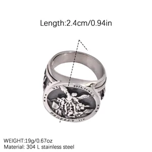 Stainless steel St Michael ring detailed view, durable 304 metal men jewelry piece.
