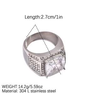 Luxury men's stainless steel square cubic zirconia paved signet ring close-up view