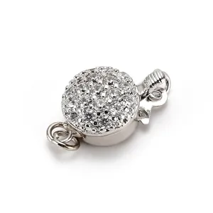 Close-up detail of rhinestone pave round clasp, platinum plated DIY jewelry connector finding.