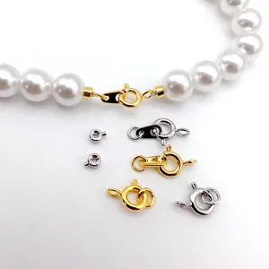 Stainless steel spring ring clasps and pearl necklace end connectors for DIY jewelry making.