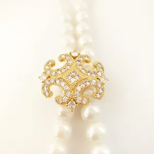 Double strand pearl necklace clasp, ornate rhinestone crystal gold plated DIY jewelry finding.