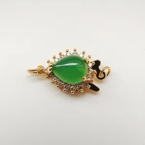 Gold-plated micro-pave green jade fishhook clasp for DIY pearl necklace and bracelet jewelry.