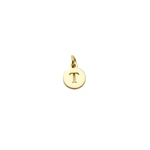 Gold initial letter T pendant charm for custom necklaces, bracelets and jewelry making accessories.