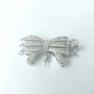 Silver tone bow multi strand necklace clasp connector, micro pave cubic zirconia jewelry DIY part.