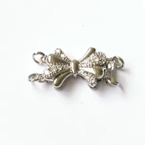 Silver bow multi strand necklace clasp double row cubic zirconia jewelry connector finding