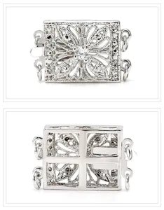 Silver multi-strand jewelry clasp detail, intricate filigree flower design with sparkling stones.
