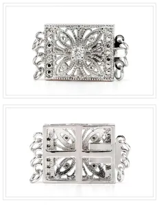 Detailed view of metal multi strand box clasp for DIY pearl necklace and bracelet jewelry making.