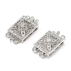 Silver plated multi strand necklace clasp vintage flower rhinestone jewelry findings 2pcs