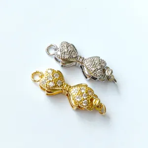 Double layer rhinestone bow jewelry clasps, copper plated gold and silver DIY necklace parts.