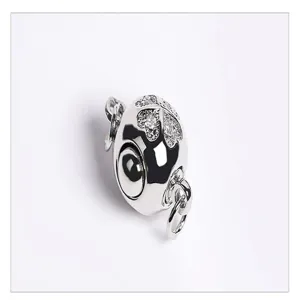 Silver plated spherical jewelry clasp with rhinestone clover charm for DIY necklace bracelet.
