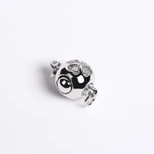 Silver spherical jewelry clasp with rhinestone clover design, ideal for DIY necklaces.