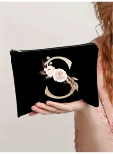 Bolsa cosmética de lona con diseño de monograma de letra S floral para maquillaje de viaje.