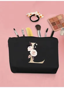 Bolsa de maquillaje de lona negra con estampado de letra L floral, estuche cosmético portátil.