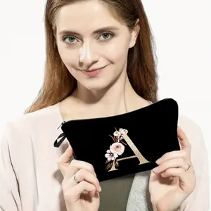 Neceser de maquillaje con letra A floral elegante bolsa organizadora con cremallera