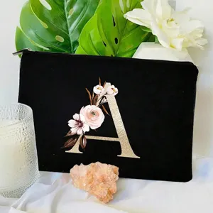 Bolsa cosmética de lona negra con letra A dorada y estampado floral estuche portátil
