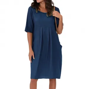 Casual loose short sleeve crew neck dress with pleated pocket details in navy blue
