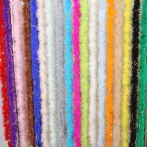 Colorful feather boa with gold tinsel, perfect for clothing, gift wrapping and DIY crafts.