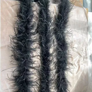 Nahaufnahme von schwarzer Straußenfeder-Boa, flauschiger Besatz für Kleider und Dekoration.