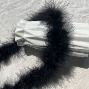 Detailed view of fluffy black feather boa trim, perfect for clothing and wedding decor.