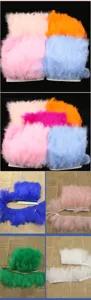 Colorful turkey feather trim ribbon for DIY crafts, clothing, and home decor sewing.