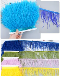 Colorful ostrich feather trim fringe ribbon for DIY clothing sewing wedding dress decor.