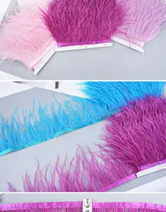 Colorful ostrich feather trim detail shot, vibrant plush feather fringe for DIY crafts and sewing.