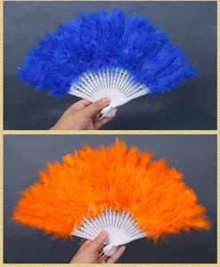Handheld vintage feather folding fan featuring fluffy plumes and hollow plastic frame party prop.