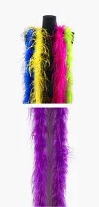 Close-up detail of fluffy colorful ostrich feather boas, vibrant shades for DIY crafts and decor.