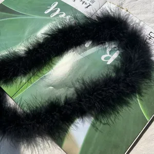 Detailed close-up of fluffy black feather boa trim, showing soft texture for decor.