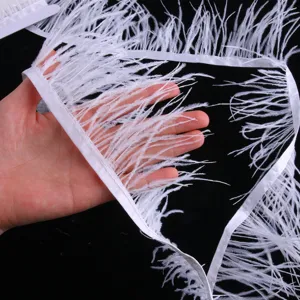 White ostrich feather trim detail view, showing dense texture and soft ribbon edge for sewing.