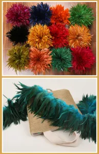 Colorful feather balls and fluffy trims for DIY crafts, clothing, headwear, and home decoration.
