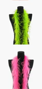 Detailed view of fluffy feather boa trims in neon green and hot pink for clothing and DIY decor.