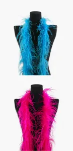 Detailed view of fluffy feather boa trims in bright blue and pink for DIY crafting and decor.