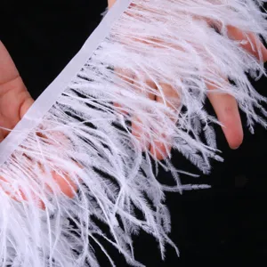 White ostrich feather trim detail, double layer fluffy feather ribbon for DIY clothing decor.