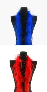 Ostrich feather boa trim details in vibrant blue and red colors for DIY crafts and costume.