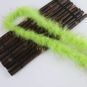 Bright green feather boa with gold tinsel, turkey feather trim for DIY craft, gift wrapping, and party decor.