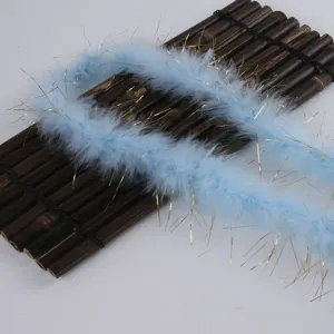 Light blue fluffy feather boa with gold tinsel, perfect for craft, gift wrapping, and party decor.