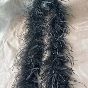Nahaufnahme der flauschigen schwarzen Straußenfeder Boa, weiche Textur und feine Verarbeitung.