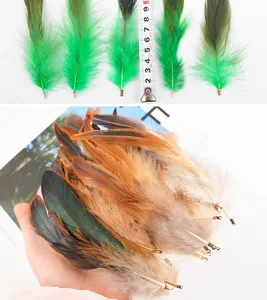 Colored craft feathers with clips for DIY jewelry, cat toys, and handmade decoration projects.