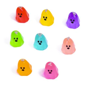 Colorful resin ghost pendants detailed shot, DIY Halloween jewelry charms and keychain accessories.