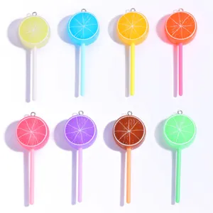 Colorful fruit slice lollipop charms, DIY acrylic resin pendants for jewelry making, 8pcs